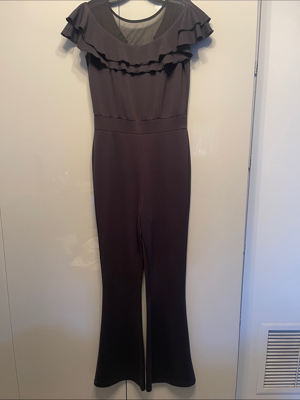 VENUS Dark Brown Ruffle-Neck Wide-Leg Jumpsuit